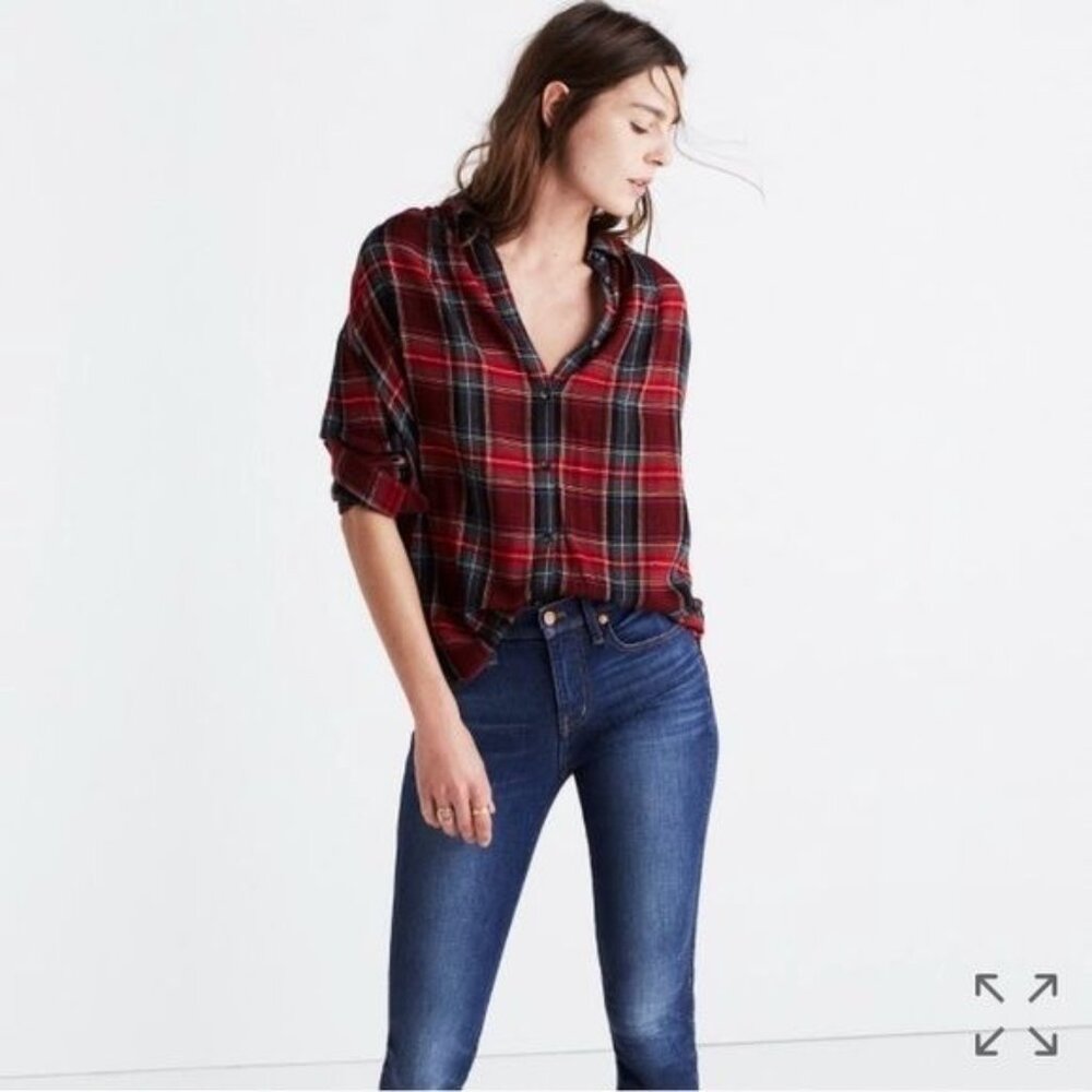 Madewell Red‎ Tartan Plaid Button Up CENTRAL Shirt S Wool Boyfriend Fit